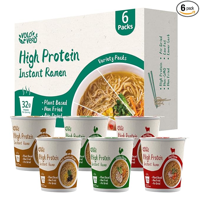 VOLO VERO High Protein (32g) Instant Ramen Soup Cup Variety Flavor (Chicken “Spicy” Beef Pork Tonkotsu) Plant-Based Non-Fried Low Fat Low Carb Quick Healthy Meal Holiday Gifts 6 Packs