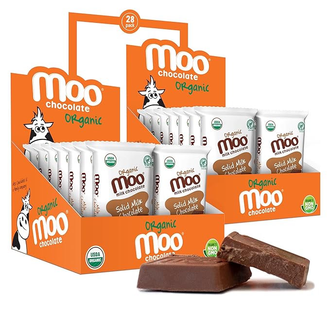 Moo Chocolates Organic Solid Milk Chocolate Mini Bars 0.7oz 28 ct (Pack of 2) | USDA Organic Non-GMO | 110 Calorie Snacks for On-the-Go Lunchboxes Office
