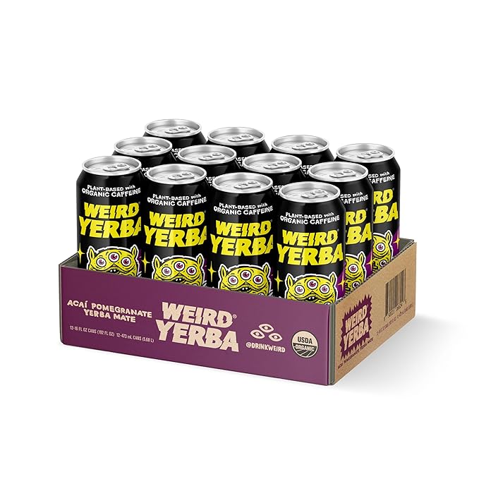 Drink Weird Organic Acai Pomegranate Yerba Mate – 16oz Cans 160mg Organic Caffeine Pack of 12 – Antioxidant-Rich Energy Drink Alternative