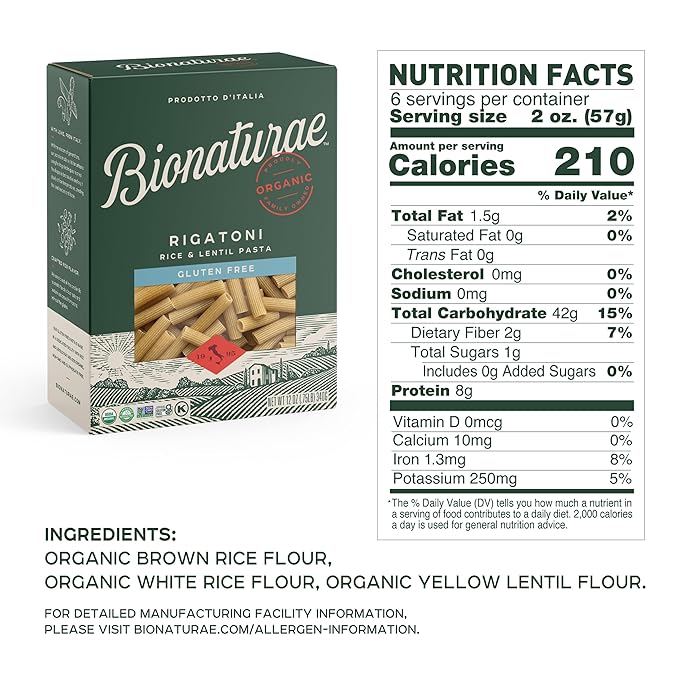 Bionaturae Rigatoni Pasta Noodles - Gluten Free Rigatoni Pasta Organic Rice &amp Lentil Pasta Kosher High Protein Non-GMO Gluten Free Pasta Organic Crafted in Italy - 12 Oz 4 Pack