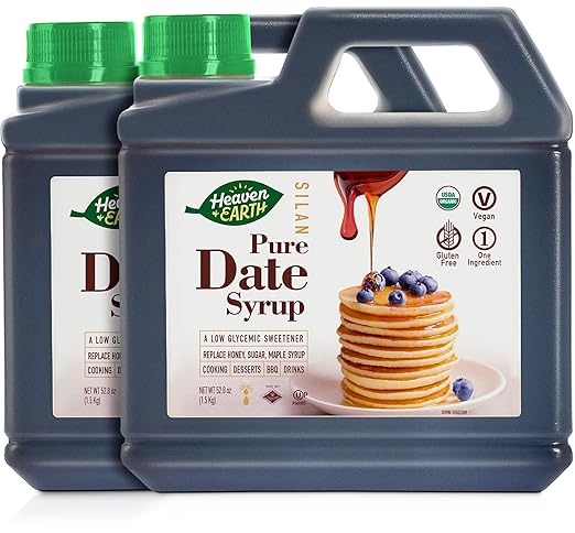 Heaven &amp Earth 100% Organic Date Syrup Silan 52.8oz (2 Pack = 6.6lb) | 1 Ingredient | Natural Honey Alternative | Low Glycemic Index Sugar Replacement | Date Honey | Kosher - Including Passover