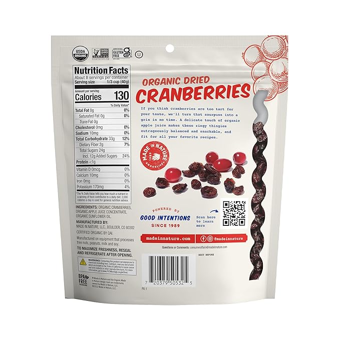 Made In Nature Organic Dried Cranberries 12 Ounce (Pack of 2) – Sweetened with Apple Juice Non-GMO Unsulfured Gluten Free