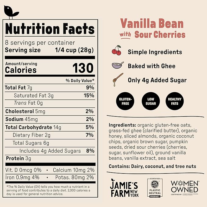 Jamie's Farm Vanilla Bean Granola with Sour Cherries (3 Pack) – Gluten-Free Organic Low Sugar – Baked with Ghee &amp Organic Oats – 8oz Bags