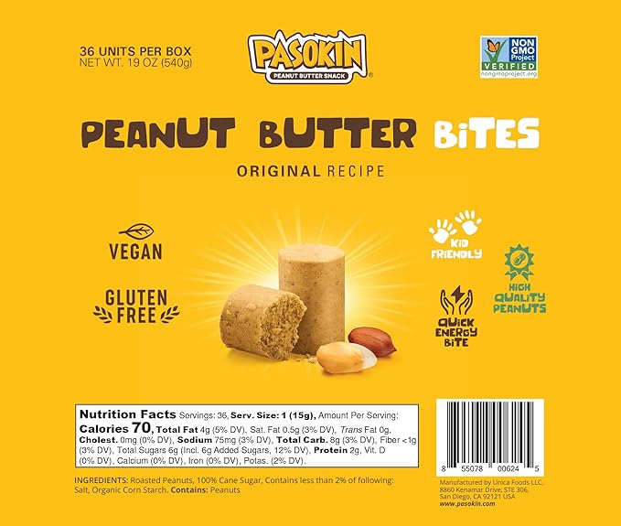 PASOKIN | Natural Peanut Butter Snack | Crunchy and Creamy PB Bites | Gluten Free Vegan Protein | Pacoca Made in USA 6 Boxes with 6 Bites (36 Bites)