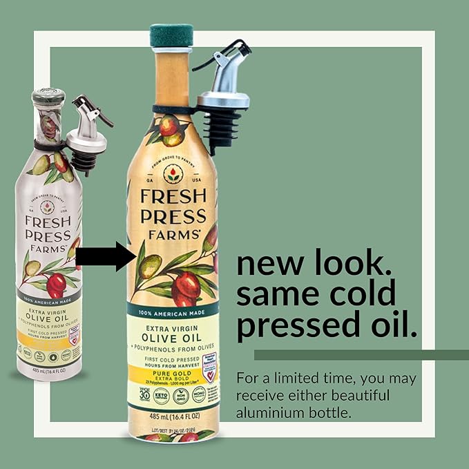 Fresh Press Farms Cold Pressed High Polyphenol Pure Gold Extra Virgin Olive Oil 16.4 Fl Oz (Pack of 2) Georgia Grown 100% American Made Unrefined Certified Whole30 Non-GMO Keto Paleo Gluten F