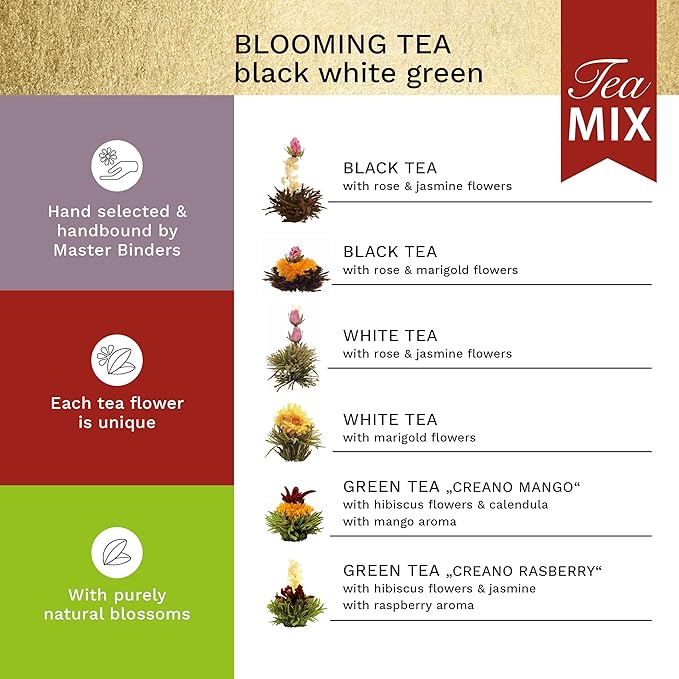 Creano Tea Flowers Mix Golden Gift Set Blooming Tea with Glass Teapot White Green &amp Black Tea in 6 Varieties Tea Flower Blooming Tea Gift for Women