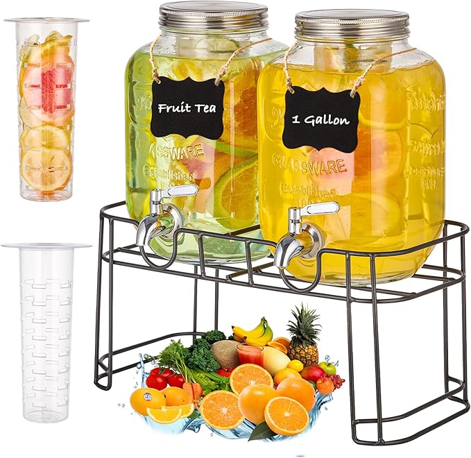 1 Gallon Glass Drink Dispensers for Parties 2PACK Beverage Dispenser with Stand Fruit Infuser and Stainless Steel Spigot 100% Leakproof Beverage Dispenser for Lemonade Sun Tea