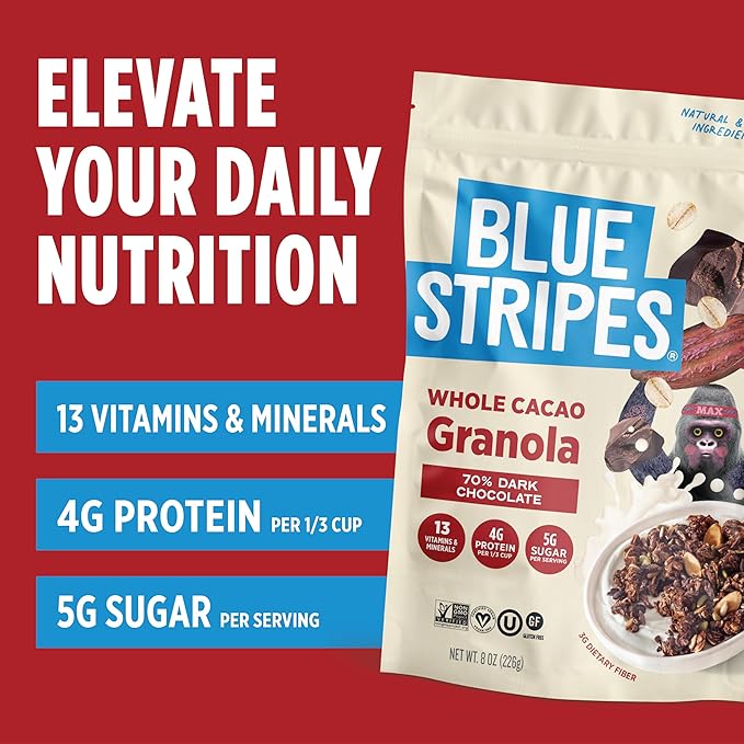 Blue Stripes Whole Cacao Granola - Gluten Free 70% Dark Chocolate Granola for Cereal Oatmeal Yogurt 5g Protein Per Serving Source of Fiber Vegan Low Sugar - Dark Chocolate 7 oz Bag (3 Pack)
