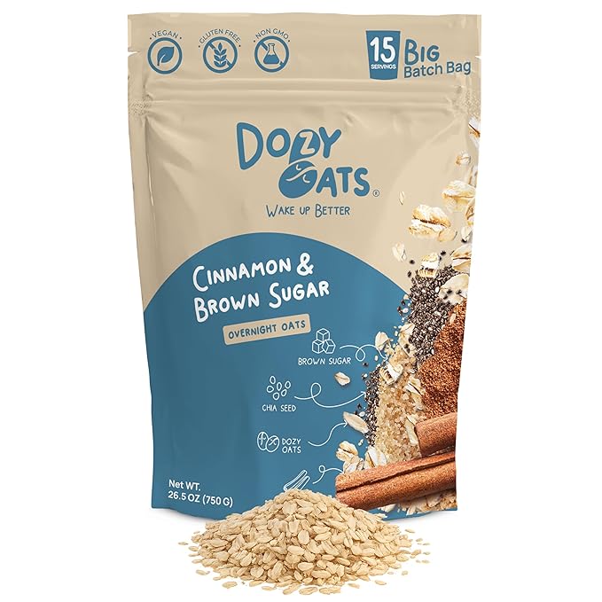 Dozy Oats Overnight Oatmeal 15-Serving Big Batch Bag. Gluten-Free Natural Source of Protein and Fiber Cinnamon and Brown Sugar 750g