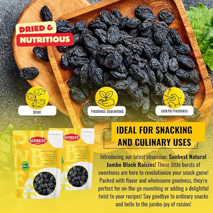 Sunbest Natural - Black Jumbo Raisins Seedless 10 lbs | Rich in Healthful Nutrients &amp Dietary Fiber | On-The-Go Snacking Toppings Baking and Cooking | Non-GMO | Vegan |Kosher| Resealable bag
