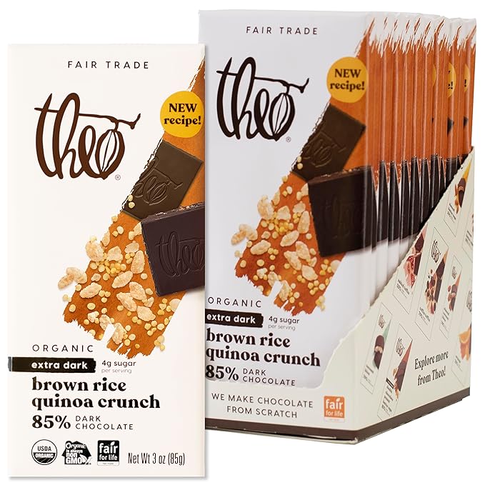 Theo Chocolate Brown Rice Quinoa Crunch Organic Dark Chocolate Bar 85% Cacao 12 Pack | Vegan Fair Trade