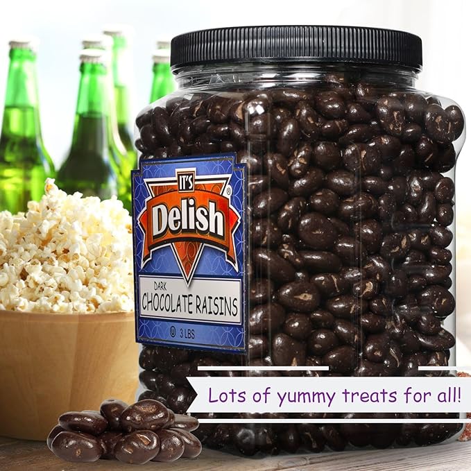 Gourmet Dark Chocolate Covered Raisins by It's Delish 3 LBS Jumbo Container | Dark Chocolate Raisins Candy Snack for Parties or Holiday Events and Healthy Snacking | USA Made Vegan Kosher