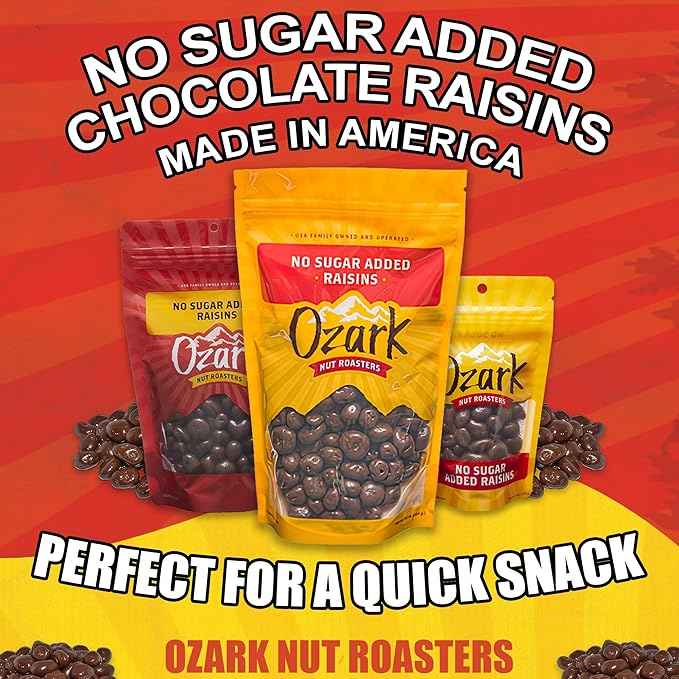 OZARK NUT ROASTERS No Sugar Added Chocolate Raisins Gourmet Creamy Milk Chocolate Covered Raisin Snacks 14 oz Pack of 2