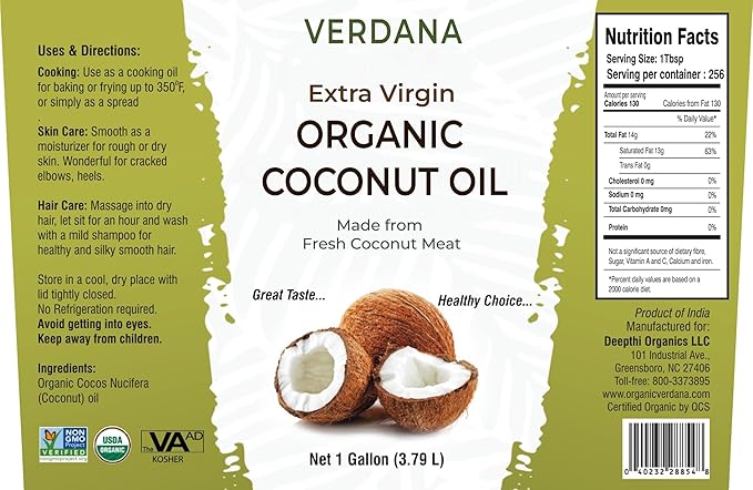 Verdana Organic Extra Virgin Coconut Oil Food Grade Unrefined Cold Pressed USDA Organic 1 Gallon Bulk Value Size for Cooking Baking &amp Soap Making