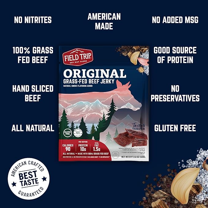 Field Trip Grass Fed Beef Jerky Healthy Gluten Free Snacks All Natural High Protein Snack with No Nitrates 2.2 Ounce Bag 4 Pack Original