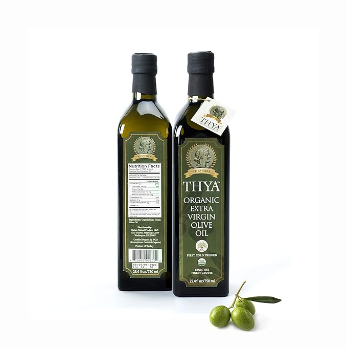 USDA Organic Extra Virgin Olive Oil by THYA First Cold Pressed Single Source Unblended Natural NON-GMO EVOO for Salad Cooking Baking Dipping (25.4 fl oz/ 750ml)