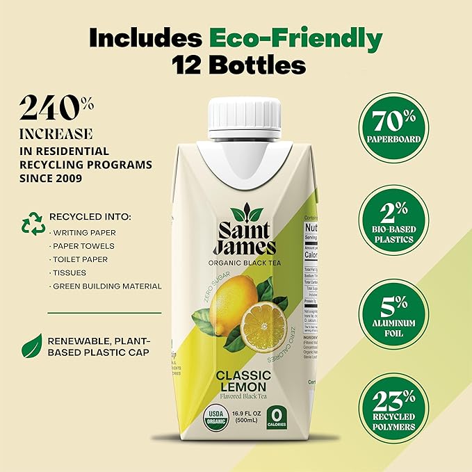Saint James Organic Black Tea Classic Lemon Zero Sugar Kosher USDA Certified Organic 16.9 Fluid Ounce (Pack of 12)