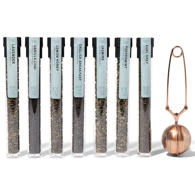 Thoughtfully Gourmet Tea Therapy Infusion Gift Set 7 Unique Flavors and Reusable Copper Ball Infuser Loose Leaf Tea Set Flavors Include Peppermint Jasmine Vanilla Chai and More Set of 7