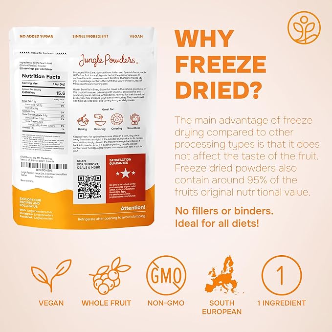 Jungle Powders Peach Powder 7 Ounce Powdered Freeze Dried Peaches for Smoothies No Sugar Added Additive Filler Free Peach Flavoring Extract for Baking Cooking Flavoring Smoothie