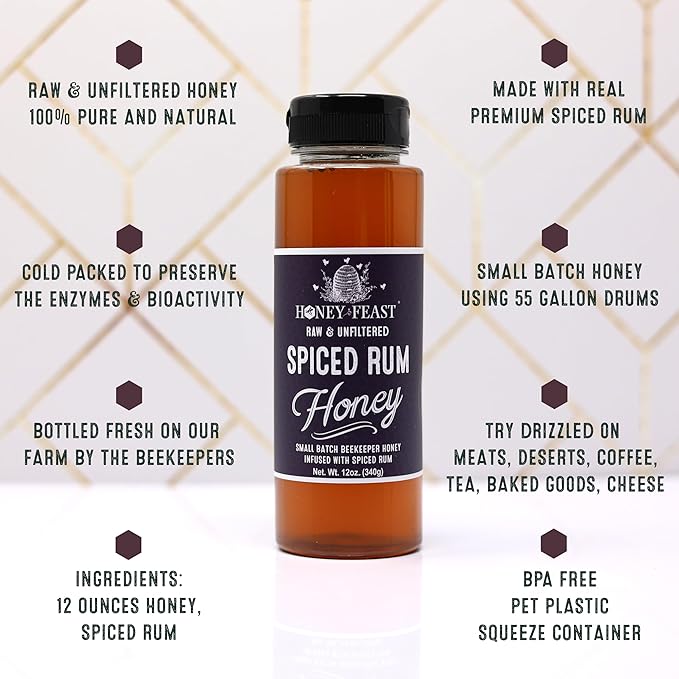 HONEY FEAST Dessert Honey Trio Gift Set – Includes 12oz Orange Blossom Wildflower and Spiced Rum– Perfect for Baking Drizzling Tea and Gourmet Desserts