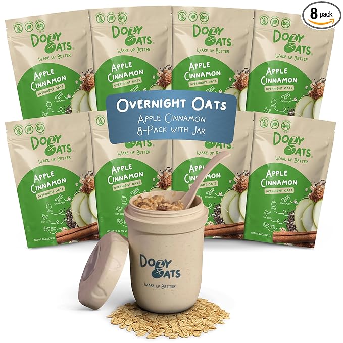 Dozy Oats Overnight Oatmeal Packets Apple Cinnamon Multipack with Rolled Oats Chia Seeds Date Powder and Dried Fruit. Gluten-Free Natural Source of Protein and Fiber 8-Pack and Jar