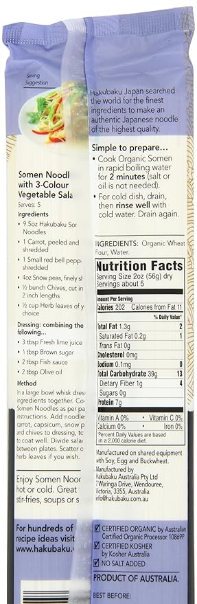 Hakubaku Organic Somen Authentic Japanese Wheat Noodles No Salt Added 9.5-Ounce Packages (Pack of 8)