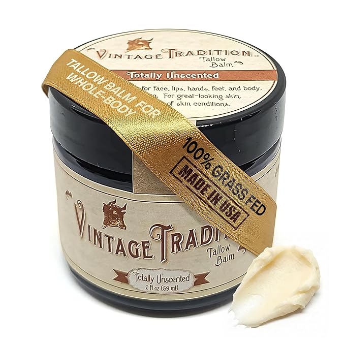 Vintage Tradition The Original Beef Tallow Balm for Skin Unscented All Purpose Tallow Face Moisturizer with Olive Oil 100% Grass Fed Non-Whipped Beef Tallow for Face Body Hands and Lips 2 fl oz