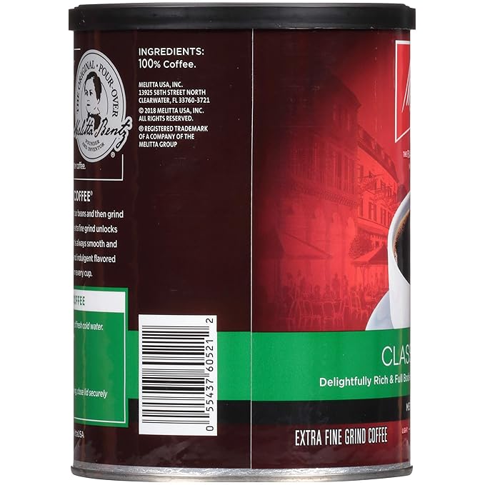 Melitta Classic Decaf Coffee Medium Roast Extra Fine Grind 10.5 Ounce Can (Pack of 6) 63 Ounces Total