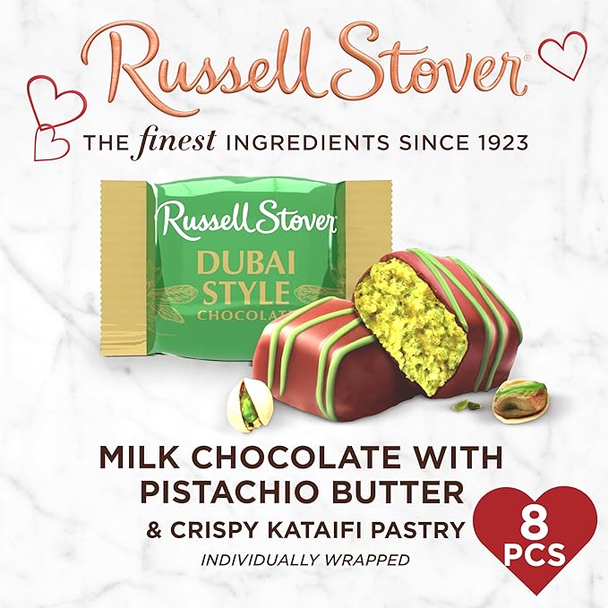 RUSSELL STOVER Valentine's Day Dubai Style Milk Chocolate Candy Pistachio &amp Kataifi Heart Gift Box 4.75 oz.