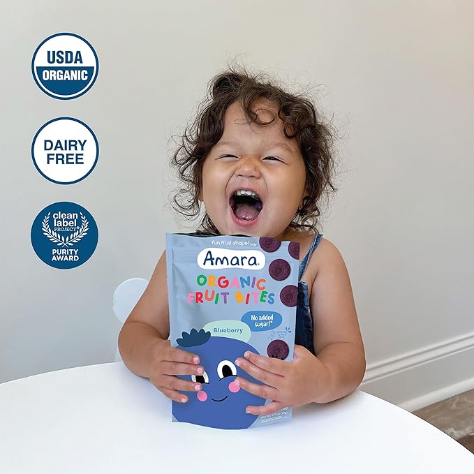 Amara Organic Fruit Bites Blueberry - No Artificial Colors/Dyes Added Sugar Dairy-Free Fruit Snacks Made with Organic Whole Foods Healthy Fruit Snacks for Kids - 6 Pack