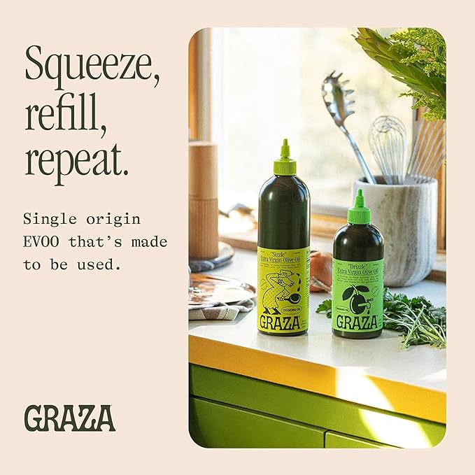 Graza Extra Virgin Olive Oil Variety Pack Sizzle &amp Drizzle - High Polyphenol Peak Harvest EVOO Cooking &amp Finishing Oil in a Squeeze Bottle - Single Farm Olives from Spain