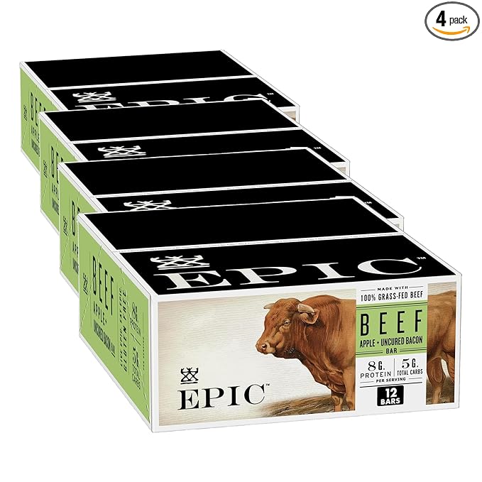EPIC Beef Uncured Bacon and Apple Bars Whole 30 Paleo Friendly Protein Snacks 12 Ct 15.6 oz (Pack of 4)