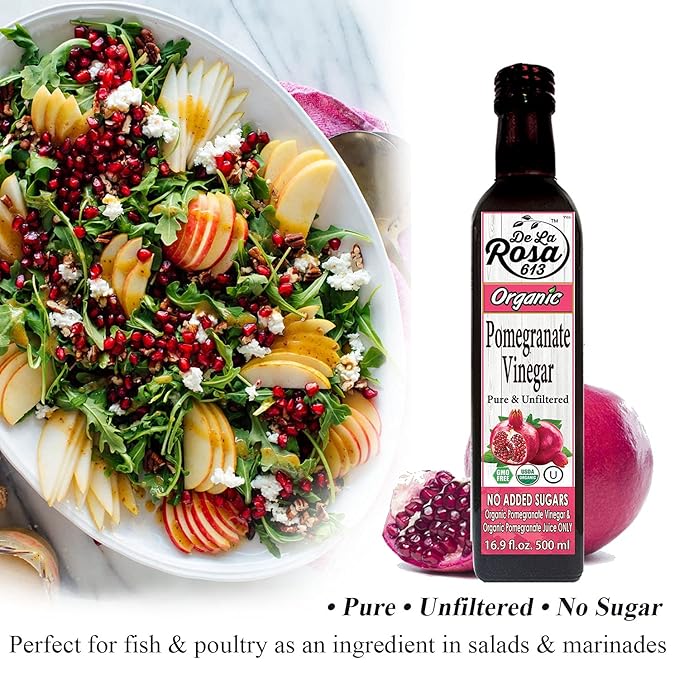 De La Rosa Organic Pomegranate and White Balsamic Vinegar Vegan Kosher Non-GMO &amp Gluten Free Great for Salad Dressings Marinades &amp More 16.9 Oz (Pack of 2)