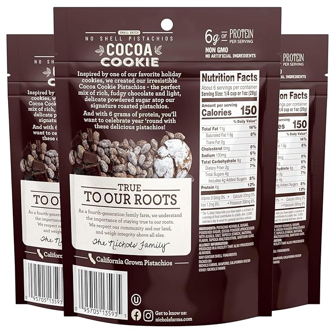 Nichols Farms Pistachios - Fresh Roasted No Shell Pistachio - Nutrient Rich Nuts Snack Packs - Non-GMO California Grown - Healthy Wonderful Tasting Party Snack - (Cocoa Cookie)