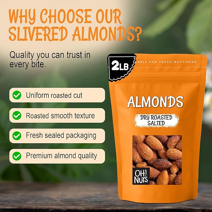 Oh! Nuts Almonds - Dry Roasted Salted Almonds - 2 lb - Salted Bulk in NY Zip-Seal Bag