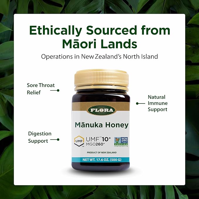 Flora - Mānuka Honey MGO 250+/10+ UMF New Zealand Honey 100% Traceable MGONatural Healing Sore Throat Relief Aids Digestion 17.6-oz. Jar
