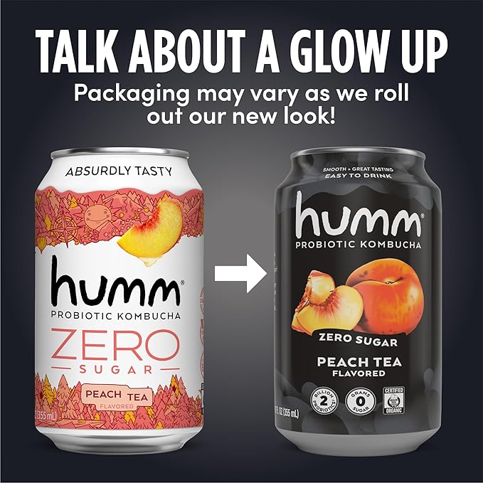 Humm Probiotic Kombucha Zero Sugar Peach Tea No Refrigeration Needed Keto Friendly Organic Vegan Gluten Free 12oz Cans (8 Pack)