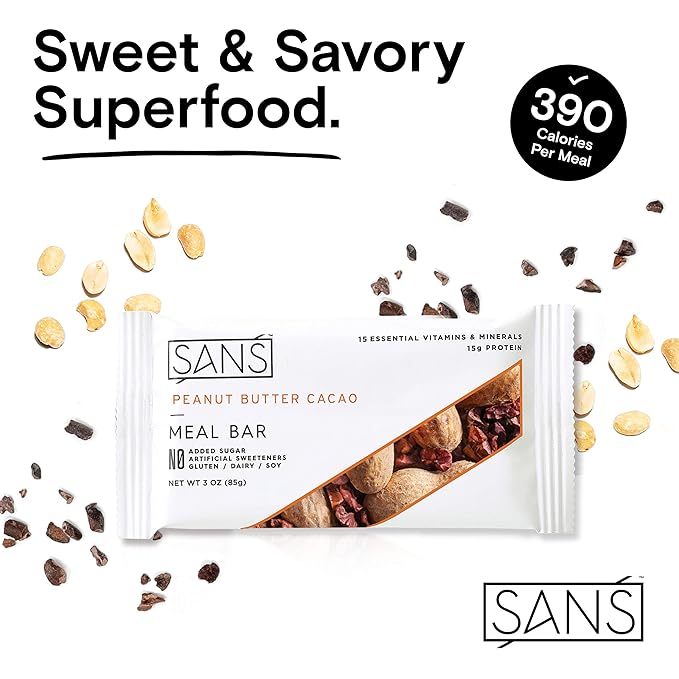 SANS Peanut Butter Cacao Meal Replacement Protein Bar | All-Natural Nutrition Bar With No Added Sugar | Dairy-Free Soy-Free and Gluten-Free | 15 Essential Vitamins and Minerals | (6 Pack)