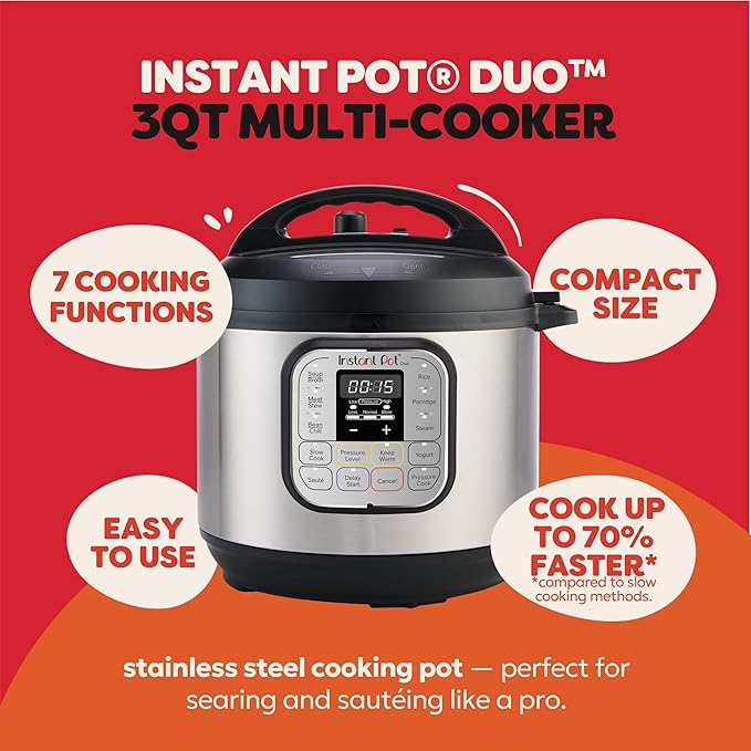 Instant Pot Duo 7-in-1 Mini Electric Pressure Cooker Slow Rice Cooker Steamer Sauté Yogurt Maker Warmer &amp Sterilizer Includes Free App with over 1900 Recipes Stainless Steel 3 Quart