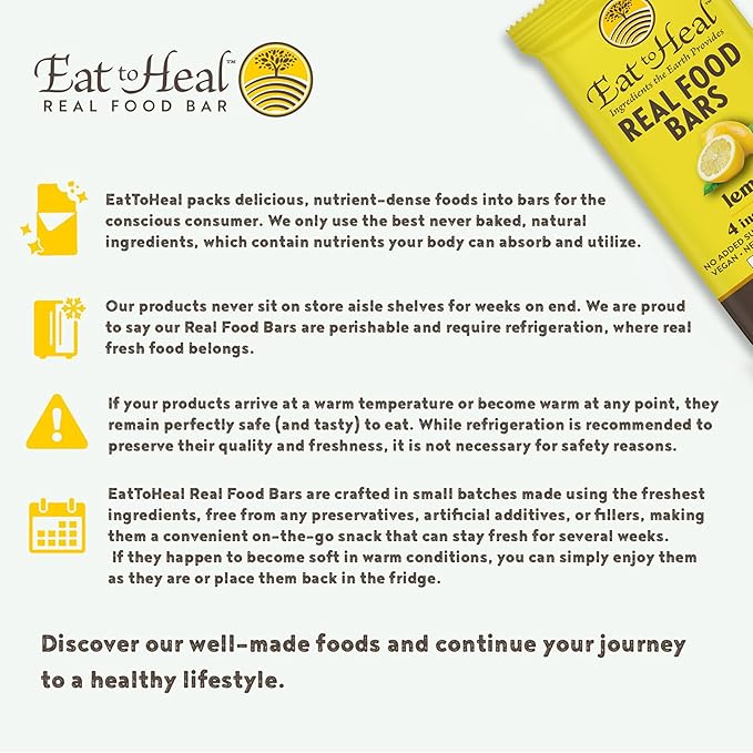 EatToHeal Lemon Real Food Bar - Organic Vegan Healthy Gluten Free Protein Bars - Low Sugar Meal Replacement Bar Non GMO Never Baked Plant Based - Crafted to Enjoy Not Sit on Shelves