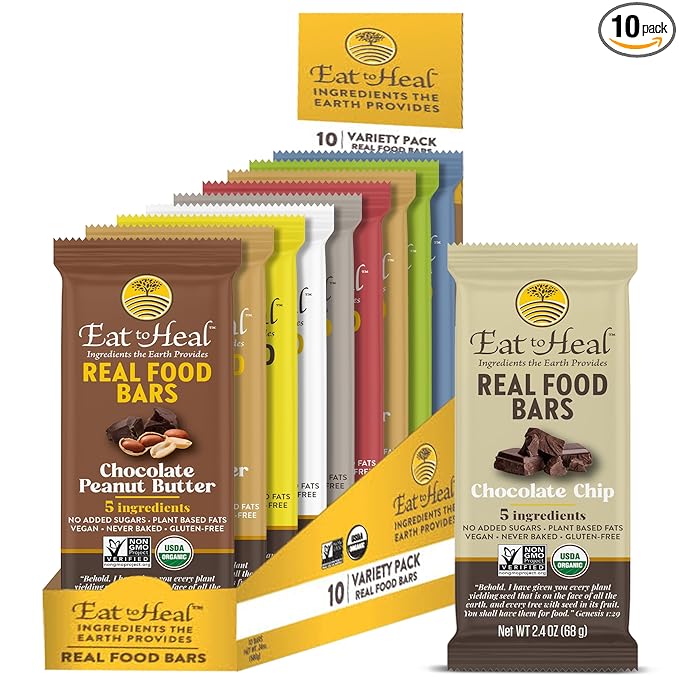 EatToHeal Variety Pack Real Food Bar - Organic Vegan Healthy Gluten Free Protein Bars - Low Sugar Meal Replacement Bar Non GMO Never Baked Plant Based - Crafted to Enjoy Not Sit on Shelves