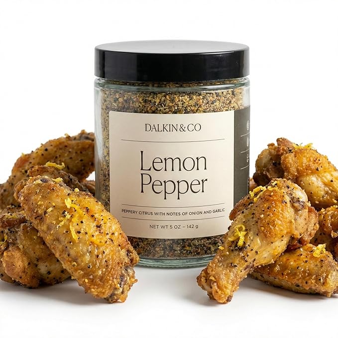 Dalkin &amp Co. Lemon Pepper Chicken Wing Seasoning Bright Lemon Peel Black Pepper Garlic &amp Onion Blend Clean Flavor with No Fillers or Additives Eco-Friendly Reusable Jar 5 oz