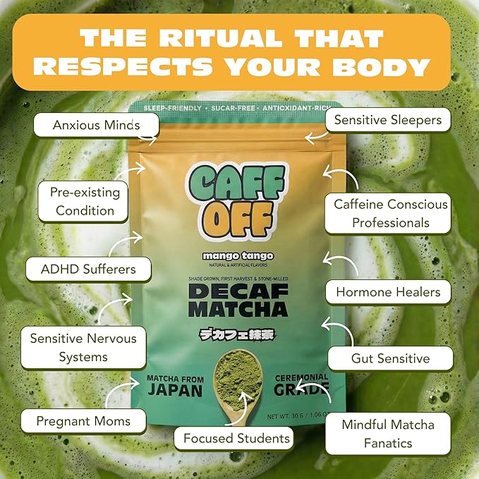 Caff Off Decaf Mango Matcha Green Tea Powder From Japan – 1.06 oz / 30 g – Ceremonial Grade &amp Sugar-Free - No Fillers or Milk Powders – Naturally Decaffeinated Without Chemicals – Tested for Heavy