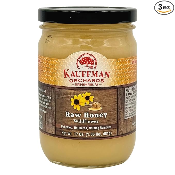 Kauffman Orchards Raw Wildflower Honey Unheated and Unfiltered 17 Ounce Jar (Pack of 3)