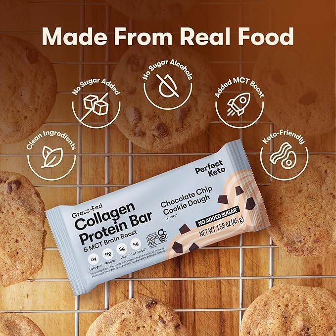 Perfect Collagen Protein Bars Gluten Free Grass Fed Collagen + MCT Oil Low Carb No Sugar Added High Protein Snacks Keto Diet Foods 11g Protein 18g Fat 3g Net Carbs Chocolate Chip 12 Bars