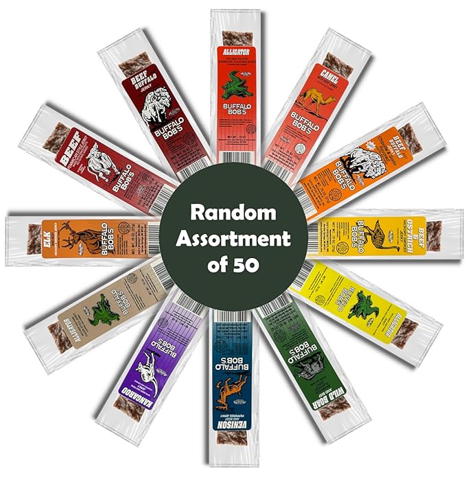 BUFFALO BOB'S Wild Game Meat Snacks - 50 Assorted Flavor of Exotic Jerky - Alligator Buffalo Elk Venison &amp More - High-Protein Snack for Adventure Enthusiasts Stocking Stuffer Gift for Men/D
