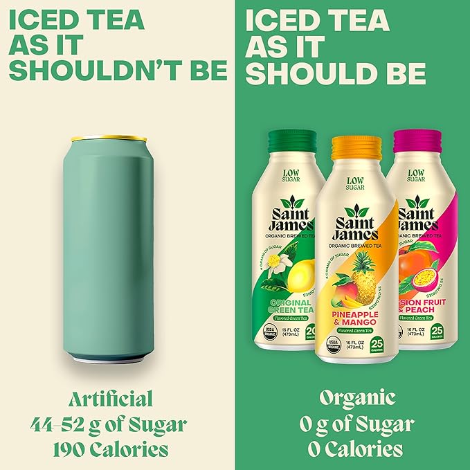 Saint James Iced Tea - Organic Green Tea - Non GMO Gluten Free Low Calorie &amp Low Sugar - Variety Green Tea Flavors 12 Pack (16.9 fl oz each) | Non GMO Gluten Free Low Calorie Low Sugar