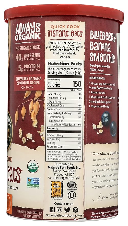 Nature's Path Organic Quick Cook Instant Oats Cereal 5g Protein USDA Certified Organic Non-GMO 18 Oz (Pack of 6)