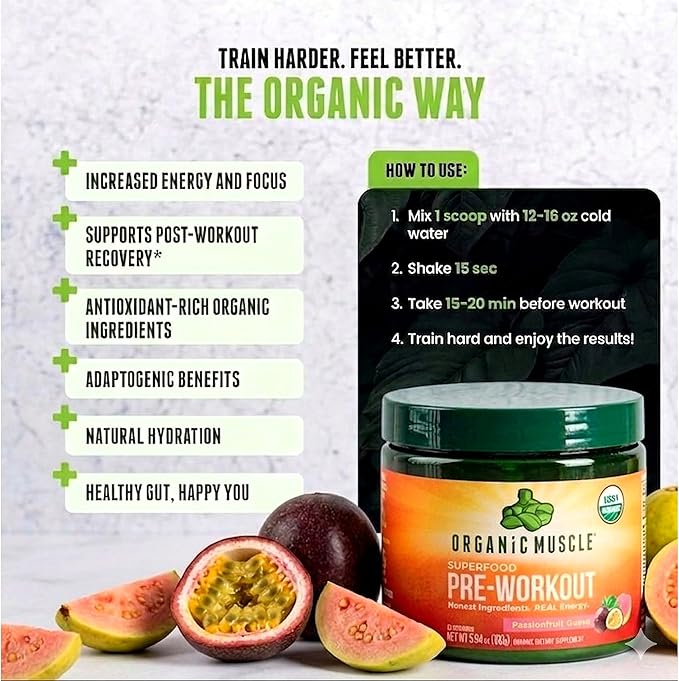 Organic Muscle Organic Pre Workout Powder Passionfruit Guava — USDA Organic Superfood Blend | Maca Beet Root Cordyceps Rhodiola | 150mg Natural Caffeine Vegan No Jitters 20 Servings