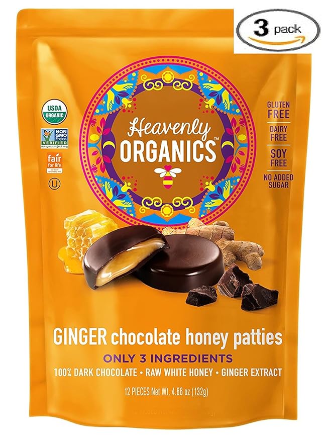 Heavenly Organics Ginger Chocolate Honey Patties (3 Bags) Made with 100% Organic Cocoa and 100% Organic Raw White Honey Non-GMO Fair Trade Kosher Dairy &amp Gluten Free No Sugar Added